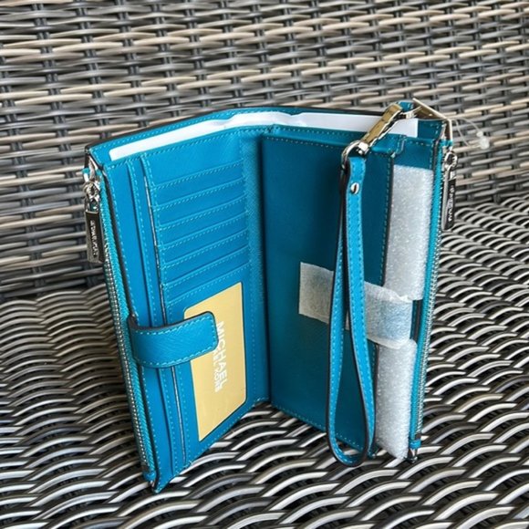 Michael Kors Large Double Zip Leather Wallet Wristlet Phone Case Lagoon - Picture 8 of 16